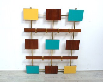 60s 70s Halltree in Teak Turquoise and Dark Yellow 5 Hooks, Mid Century Modern