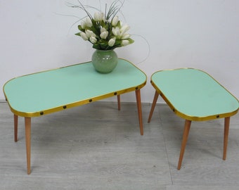 Side Table little Coffee Table, Set of 2, rectangle, Vinyl Green, German Mid Century Modern Rockabilly Era