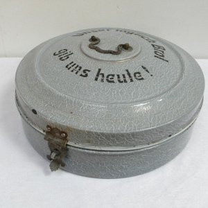 Vintage Bread Box Enamelware round, freckled grey, cottage style Germany 1920s