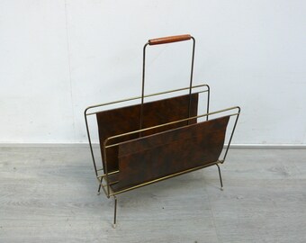 50s 60s String Brass Wire Magazine Rack, Book Caddy w/ Brown Vinyl German Mid Century Modern