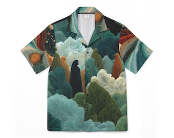 The Collective Camp Shirt: Surreal Figures, Dreamlike Landscape Print, Linen-Textured Polyester