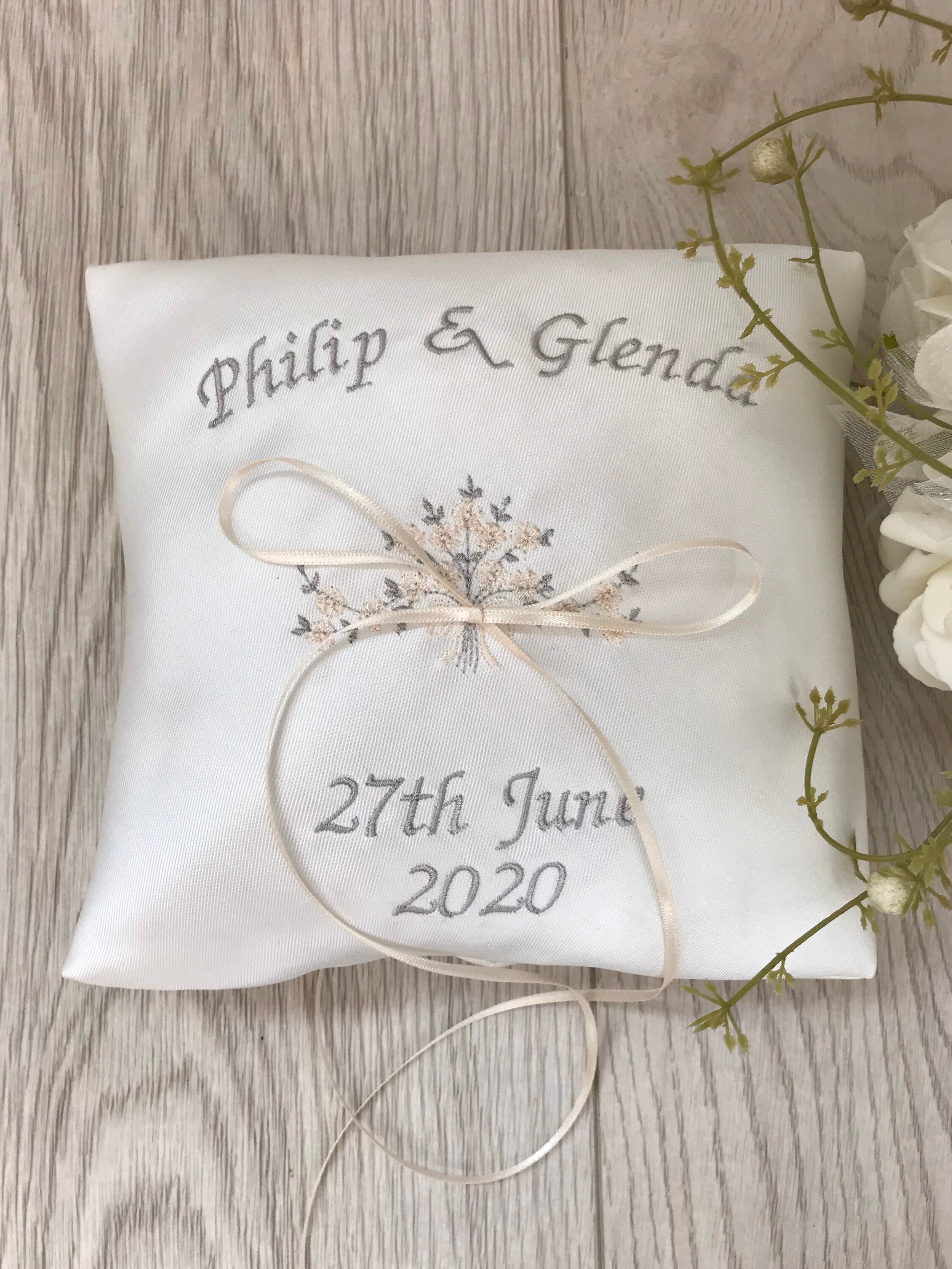 Personalised Embroidered Wedding Ring Pillow / Cushion White or Ivory ...
