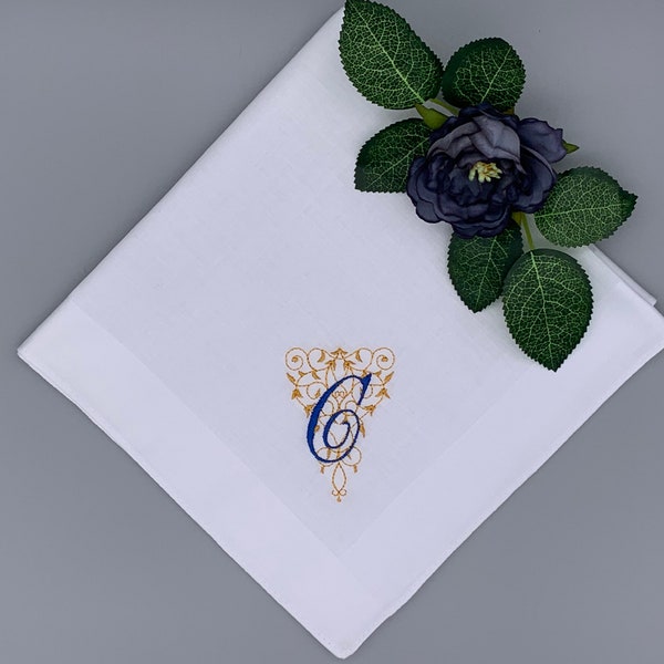 Pack of 3 Personalised Embroidered Monogram Initial Man Sized Cotton Handkerchief - Special Gift / Anniversary Birthday Keepsake Hanky