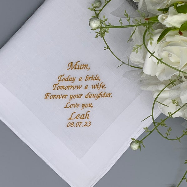 Any Quote - Personalised Embroidered Handkerchief - 100% Cotton / Keepsake - Hanky - Traditional - Wedding - Father of the Bride - Groom