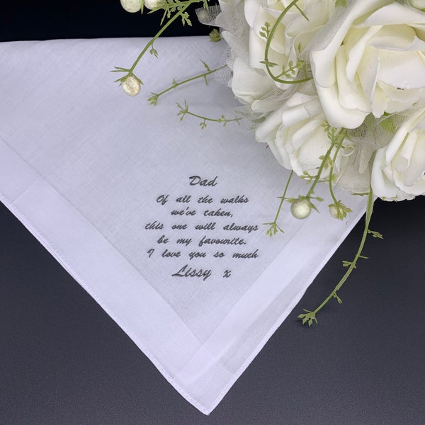 Any Quote - Personalised Embroidered Handkerchief - 100% Cotton / Keepsake - Cotton - Traditional - Wedding - Father of the Bride - Groom