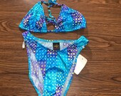 Vintage 90s Hot Water Deadstock Blue Iridescent Metallic Triangle Top Bikini Set High Cut High Leg Size 10 Y2K NOS
