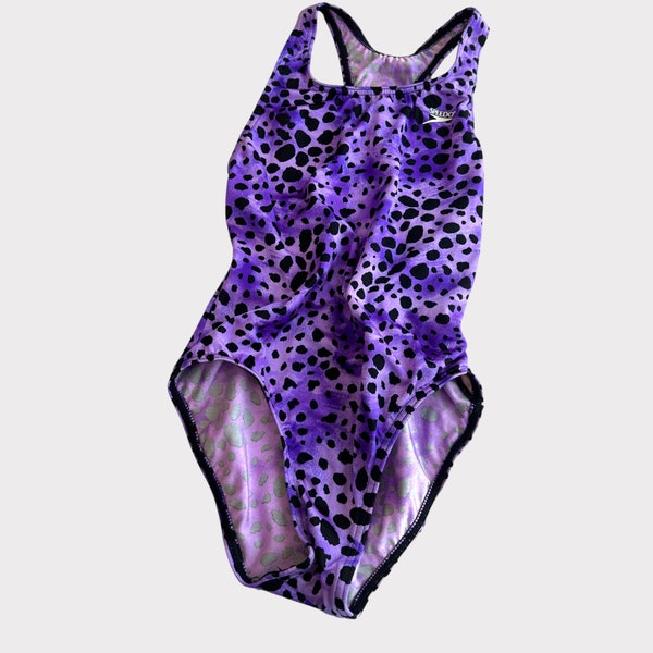 Young Girls Vintage 90s Speedo Leopard Cheetah Animal Print Purple Black Athletic One Piece Swimsuit Size 12