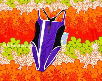 Vintage 90s 2000s Deadsotck Malibu Dream Girl Color Block Purple Black Front Quarter Zipper Keyhole Racerback One Piece LARGE 11/12 Y2K
