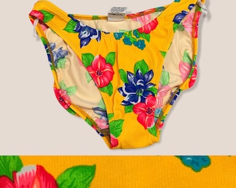 Vintage 90s Deadstock Liz Claiborne Tropical Hibiscus Floral Bright Yellow Plunge High Leg Cut High Waisted Bottom Size 10 MEDIUM