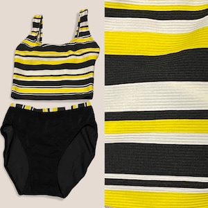 Vintage 90s Deadstock Anne Klein Black Yellow White Striped Tankini Set Tank Top High Waist MEDIUM 10