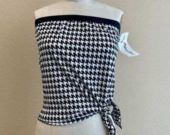 Vintage 90s Rose Marie Reid Wireless Strapless Black White Tankini Loose Fit Houndstooth Pattern Black White