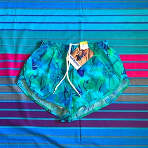 May include: Blue and green patterned swim trunks with a white drawstring and a tag that says "Surf Runner".