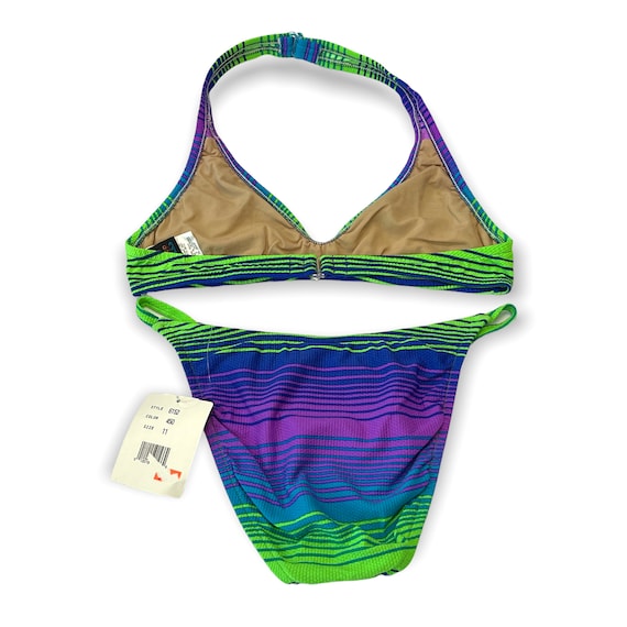 90s Y2K Hot Water Deadstock Retro Electric Rainbow Purple Blue Lime Green  Striped Triangle Halter Top Bikini Scooped High Waisted Leg Cut 