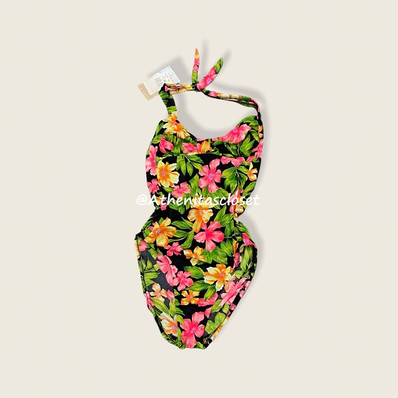 Vintage 90s Deadstock Tropical Pink Yellow Floral Hibiscus