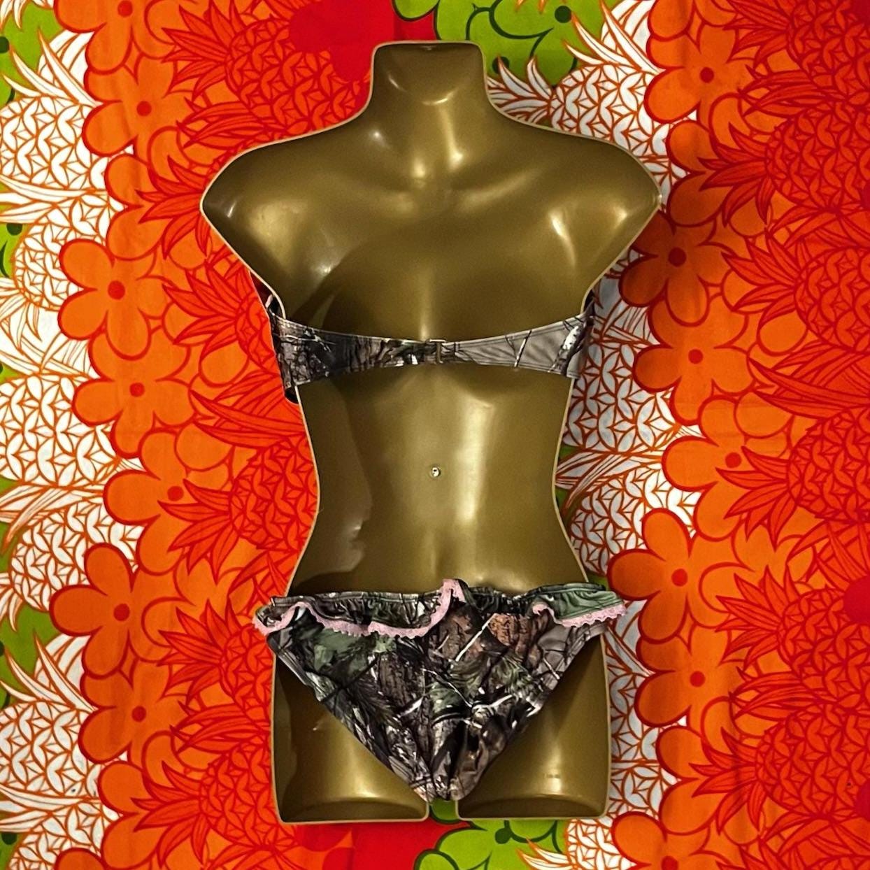 Y2K REAL TREE GIRL Pink Ruffle Lace Camo Strapless Underwire Top