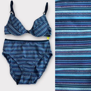Vintage 90s Y2K Deadstock Silver Metallic Navy Blue Retro Electric Striped Underwire High Waisted Leg Cut Bikini Set Size MEDIUM
