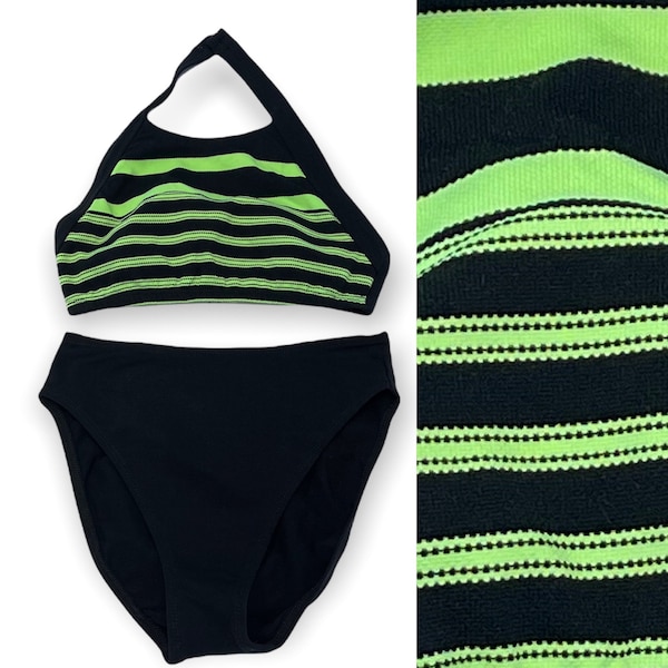 Vintage Cole of California Retro 90s Bright Green & Black Stiped Halter Top Bikini Set Hi Waist High Waisted