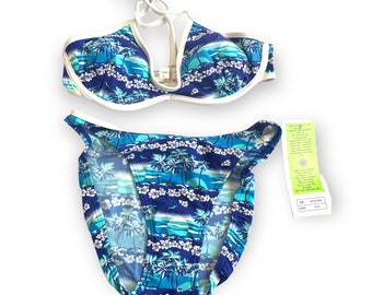 Vintage 90s Y2K Malibu Dream Girl Deadstock Navy Blue White Lining Tropical Underwire Halter String Tie Scooped High Cut Bikini