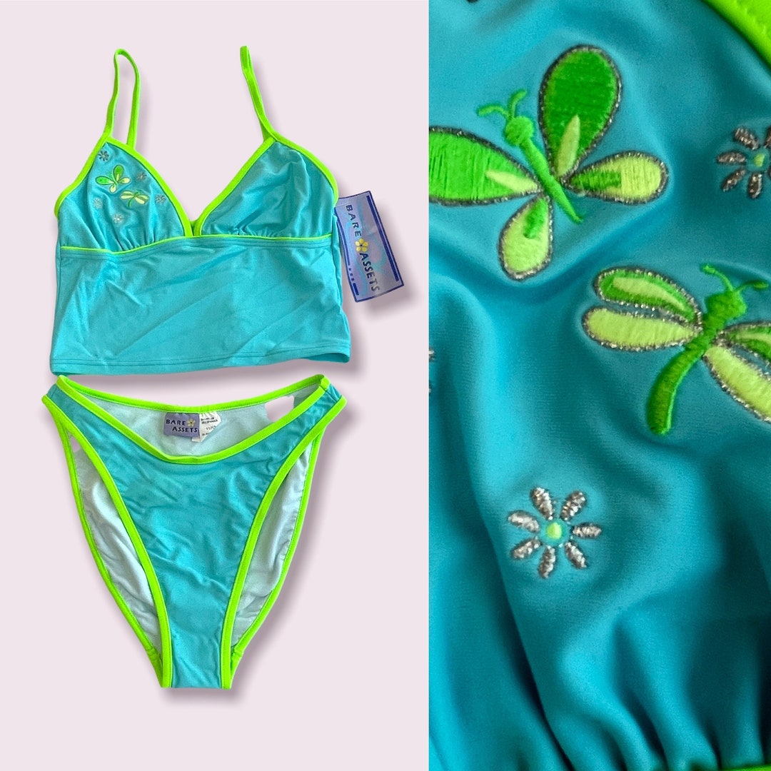 Vintage Deadstock 90s Y2K 2000s Bare Assets Bright Turquoise Blue Lime Green Tankini Top Bikini