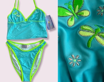 Vintage Deadstock 90s Y2K 2000s Bare Assets Bright Turquoise Blue Lime Green Tankini Top Bikini Set Hi Leg Cut High Waisted