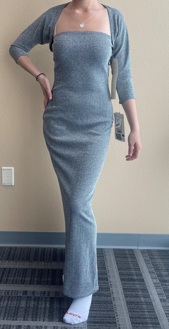gunne sax dress 90s Vintage 90s Jessica Mcclintock Gunne Sax Metallic Silver Strapless W/ Long  Sleeves Cropped Top Dress Extra Small Made in USA