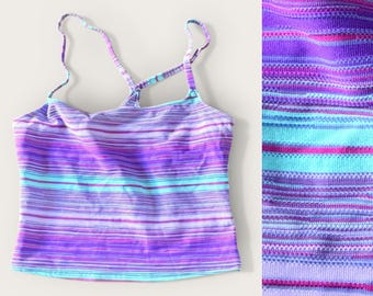 Vintage 90s Y2K Hobie Deadstock Magenta Purple Turquoise Blue Colorful Multicolor Retro Striped Tankini Top LARGE