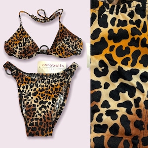 Vintage Deadstock 90s Carabella Collection Scooped "O" rings Leopard Cheetah Print Hi Cut High Waist String Tie Halter Triangle Top Bikini