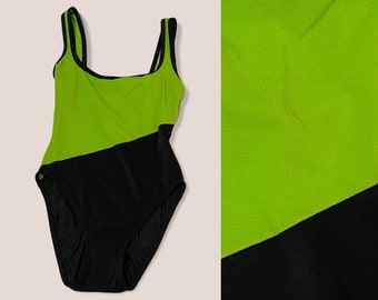 Vintage 90s Deadstock Elegant Modest Anne Klein Color Block Black Lime Green One Piece Size MEDIUM 10