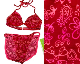 Vintage 90s Y2K Malibu Dream Girl Deadstock Red Pink Retro Daisies Hearts Paisley Halter Underwire Scooped High Waisted Leg Cut Bikini XS