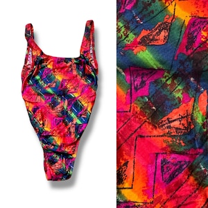 Vintage 90s Deadstock MALIBU Multi-Colored Abstract Patterns High Leg Cut Cheeky Swimsuit SMALL 8  Made in USA