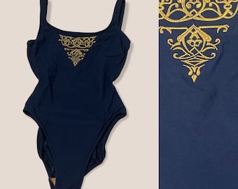 Vintage 90s Sirena Deadstock Elegant Navy Blue w/ Gold Embroidered Design One Piece Hi Leg Cut High Cut Size MEDIUM