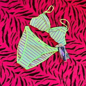 Vintage 90s Y2K Hobie Deadstock Electric Bright Neon Lime Green Lavender Purple Striped Scoop Cut High Waisted Leg Cut Bikini Set 13/14 XL