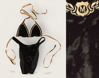 Vintage 90s MOSSIMO Solid Velour Velvet Black w/ Beige Lining Wireless Halter Triangle String Tie Top High Waisted Leg Cut Bikini Medium