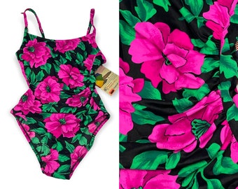 Vintage 90s Deadstock Bright Hot Tropical Hawaiian Pink Flowers Pattern Hi Leg Cut Size 8 SMALL Scrunched Tummy Area