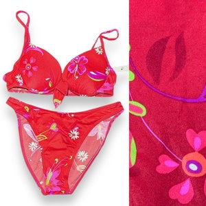 Vintage 90s Deadstock LIZ Bright Red Multicolor Floral High Waist Cut Underwire Hard Cup Push Up Bikini Set Extra Large