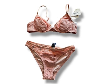 Conjunto de bikini de tiro bajo con braguita hipster y aros rosa rosa de Ritchie, talla XS/S, de los años 90