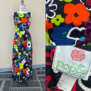 1960s POPPY Neon Bight Colorful Psychedelic Mod MCM Flower Long Maxi Gown Dress