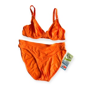 Vintage Deadstock 90s Y2K Sunsets Bright Textured Solid Orange Underwire D Cup Top High Waisted XL Bikini Set