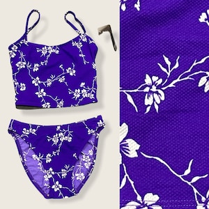 NOS Vintage 90s Anne Klein Deadstock Violet White & Purple Floral Tankini Set Hi Cut High Waist