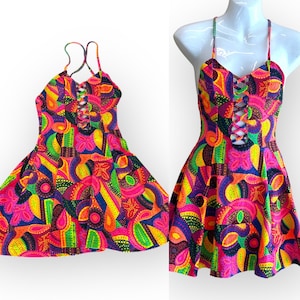 Vintage 80s 90s Pan Dulce Sun Dress Bright Abstract Festival Neon Bright Fluorescent MEDIUM