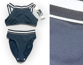 Vintage Iconic Elegant 90s Deadstock Anne Klein Solid Black & White Lining High Waisted Sporty Wireless High Neck Top Bikini Set MEDIUM