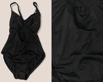 Vintage 90s Deadstock Modest & Sexy Solid Black Bust Area Scrunched One Piece Hi Leg Cut High Cut Size 10 Medium