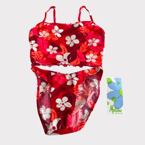 Vintage 90s Y2K Malibu Dream Girl Deadstock Ribbed Orange Red White Pink Retro Hawaiian Floral Tankini Set Scooped High Leg Cut Waisted XS