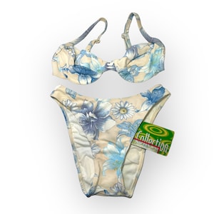 Vintage Deadstock CIA MARITIMA 90s Y2K Turquoise Blue Beige Cream Floral Underwire Top Brazilian High Waist Cut Cheeky Set