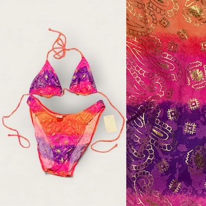 Vintage 90s Y2K Carabella Collection Deadstock Grecian Gold Metallic Neon Purple Pink Orange Triangle Top String Bikini High Waist Cut 1X