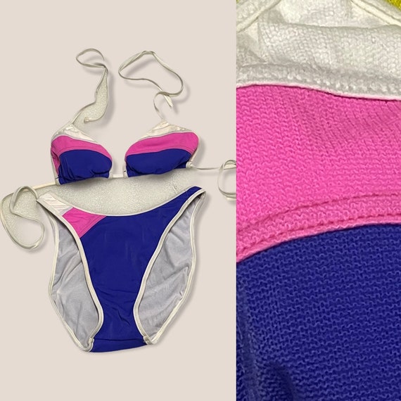 Vintage 90s Does 70s Color Block Pink Purple White Triangle Halter Sting  Tie Bikini Scooped High Waist Hi Leg Cut Bikini Set Small 7/8 