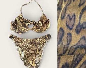 Y2K VENUS Animal Print Bikini Underwire Halter Top Brazilian Cut High Waisted Leg Cut Made in USA