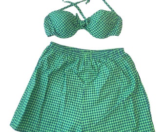 Vintage 80s 90s Deadstock Sunset Underwire Push Up Hard Shell Green Navy Blue Gingham High Waisted Shortkini Pin Up Rockabilly Fashion