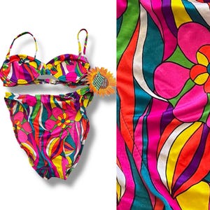 Vintage 90s does 60s Deadstock Shok Groovy Bright Multicolor Psychedelic Floral Underwire Top High Waisted Leg Cut Bikini MEDIUM