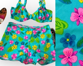 Vintage 90s Y2K Sunsets Separates Deadstock Bright Turquoise Retro Bright Colorful Flowers Underwire High Waist Shortkini 32/34 D cup